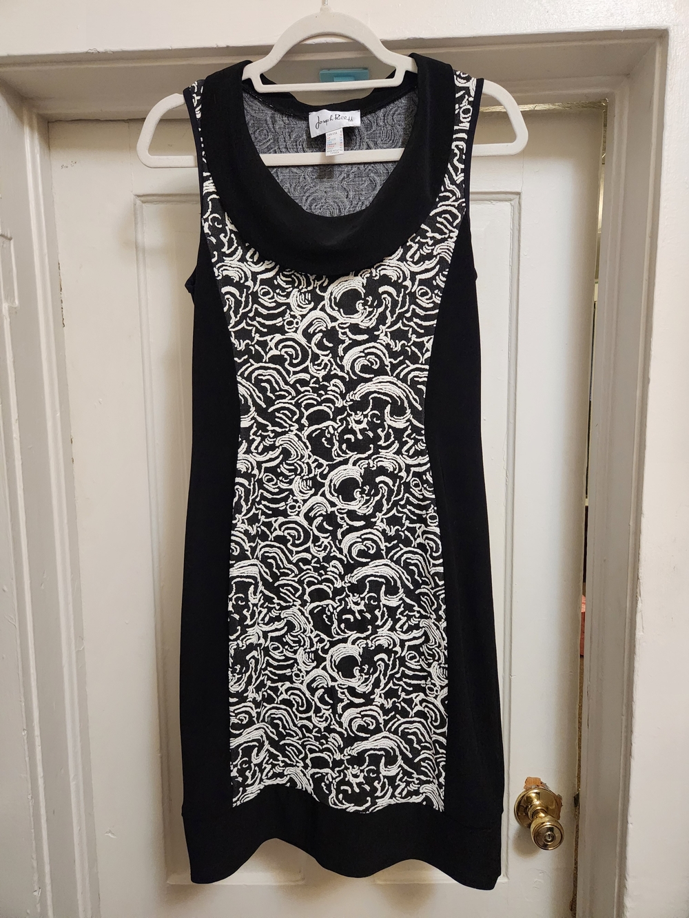 Joseph Ribkoff Black White Panel Textured Sleeveless Cowl Neck Dress SZ 8 EU